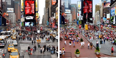 A Times Square antes e depois de ser fechada para pedestres e ciclistas (DOT - NY)