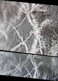 Imagem do Observatório da Terra, da Nasa, mostrando como a interação dos gases produzidos por navios e as nuvens deixam rastros visíveis nas imagens de satélite.