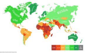 Gráfico produzido pela The Eco Experts, consultoria britânica, com base em dados da University of Notre Dame, em Indiana, nos  EUA, que avalia a capacidade dos diversos países em lidar com as mudanças climáticas. Quanto mais próximo do vermelho escuro, menos preparado o país.