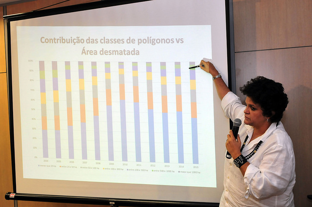 Ministra Izabella Teixeira (Meio Ambiente), durante apresentação dos dados do PRODES 2014/2015 (foto: Paulo de Araújo/MMA)